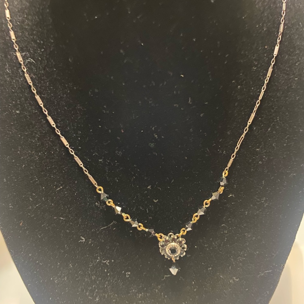 Liz Palacios Gold Tone Black Crystal Station Flower Necklace